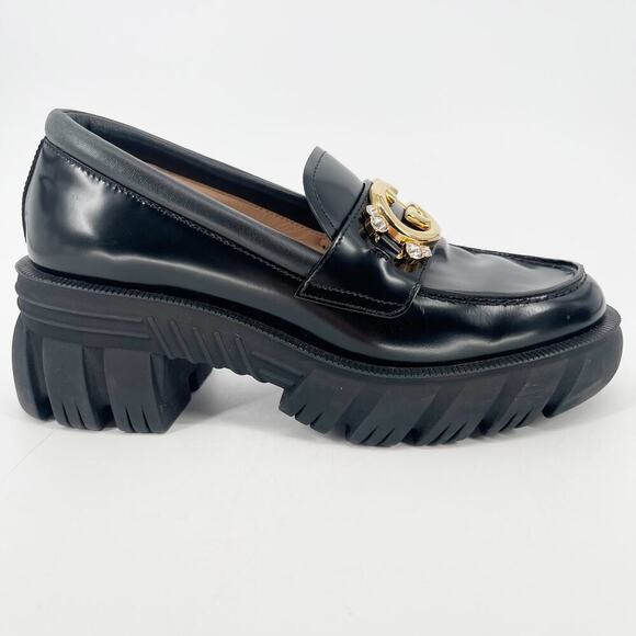 Gucci Black Glossy Leather Romance Interlocking GG Crystal Lug Sole Loafer EU 39 - Picture 2 of 16